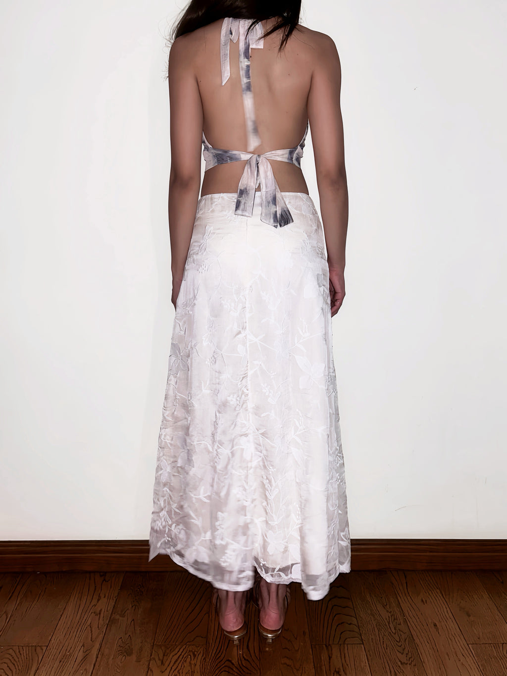 White Floral Embroidered Low Waist Maxi Skirt