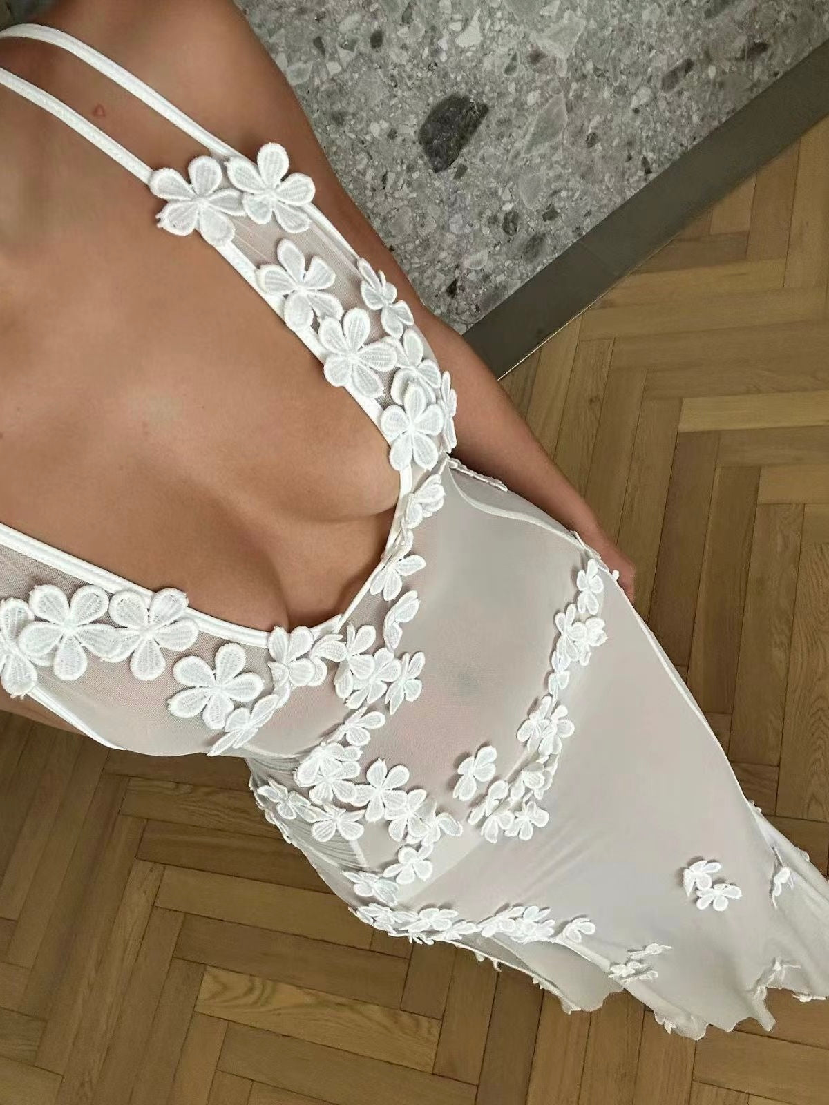 White Sheer Mesh Maxi Dress Floral Embellished with V Neck