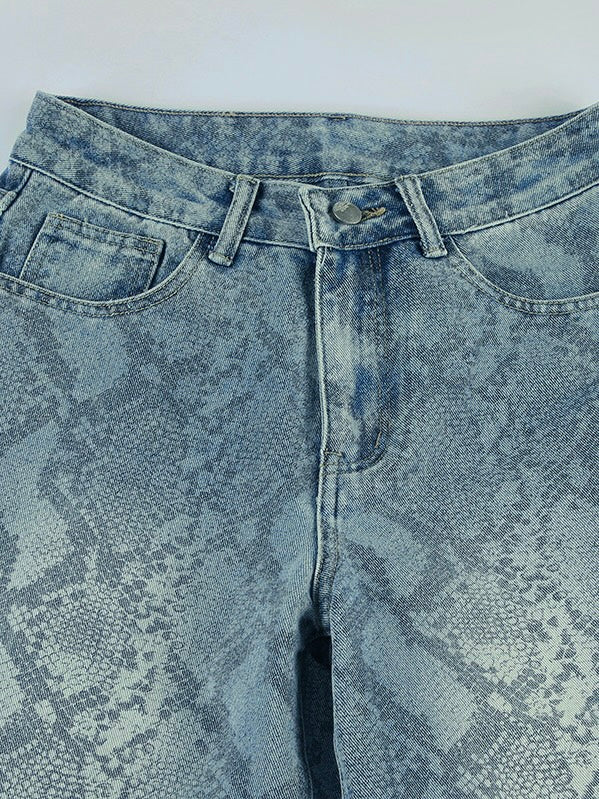 Snake Print Wide Leg Jeans Mid Rise Stretch Denim