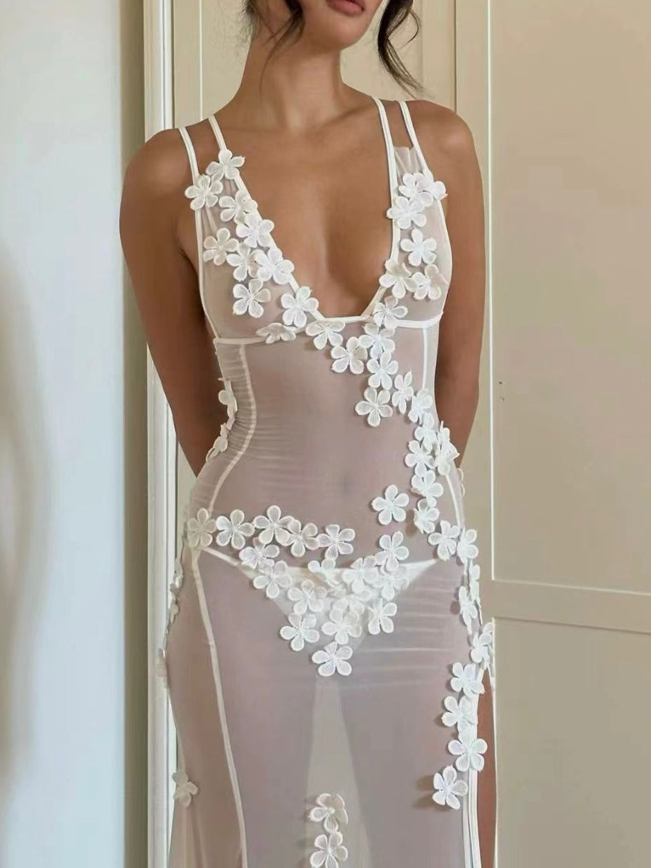 White Sheer Mesh Maxi Dress Floral Embellished with V Neck