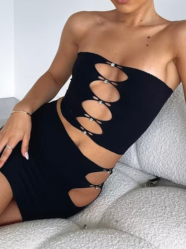 Rhinestone Cut-Out Set Tube Top & Mini Skirt