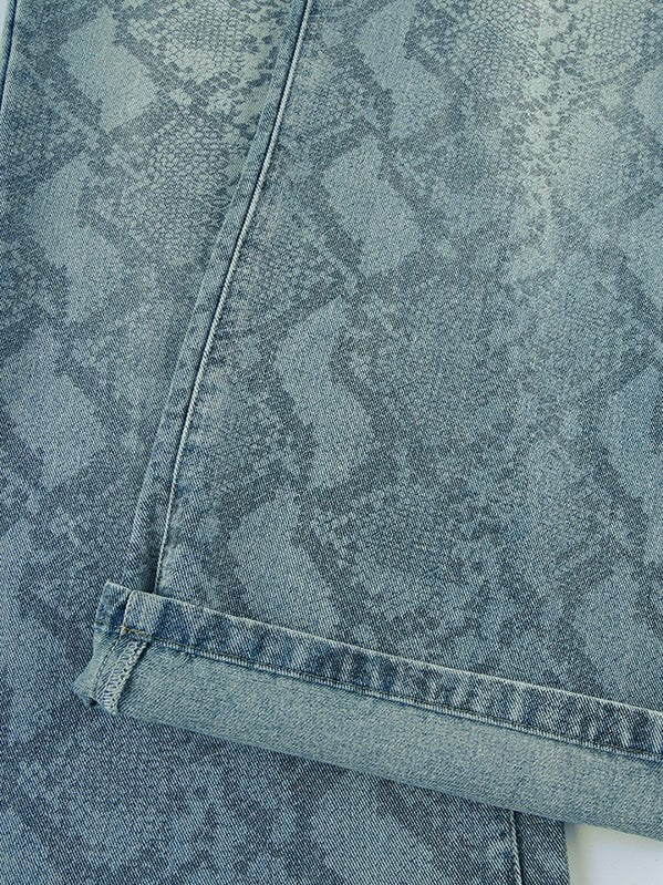 Snake Print Wide Leg Jeans Mid Rise Stretch Denim