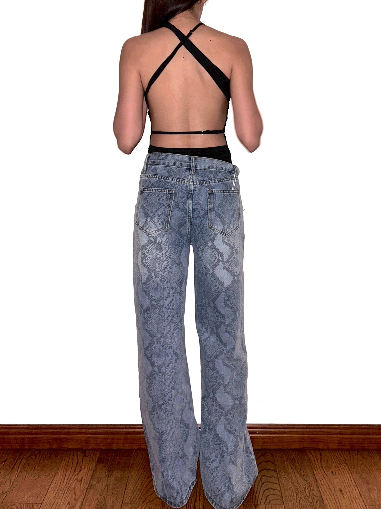 Snake Print Wide Leg Jeans Mid Rise Stretch Denim