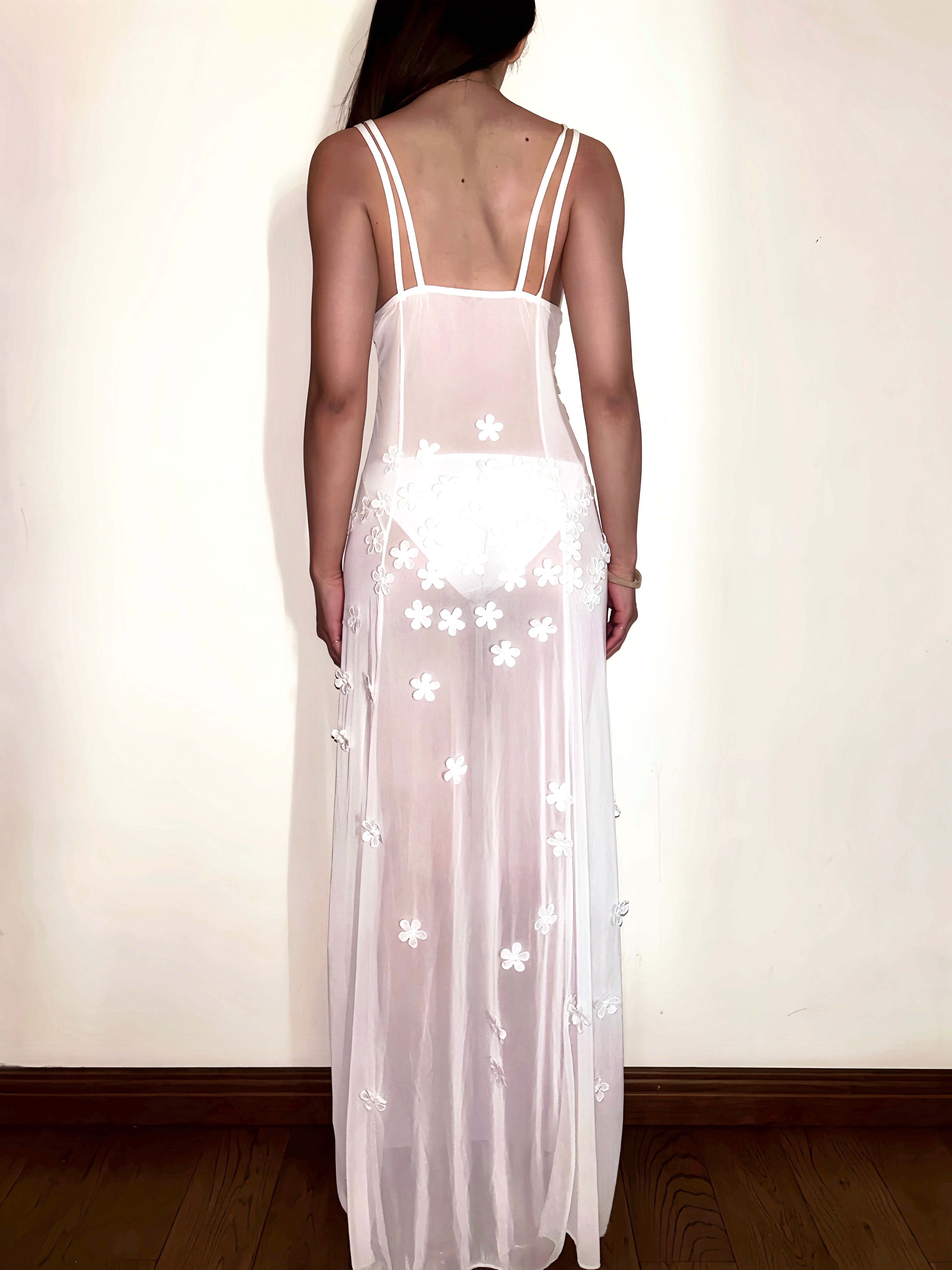 White Sheer Mesh Maxi Dress Floral Embellished with V Neck