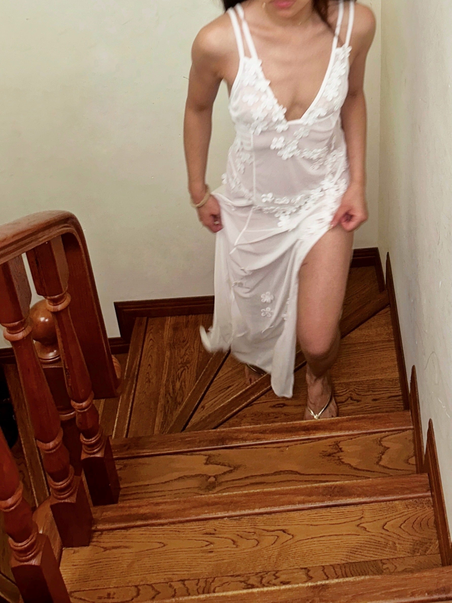 White Sheer Mesh Maxi Dress Floral Embellished with V Neck