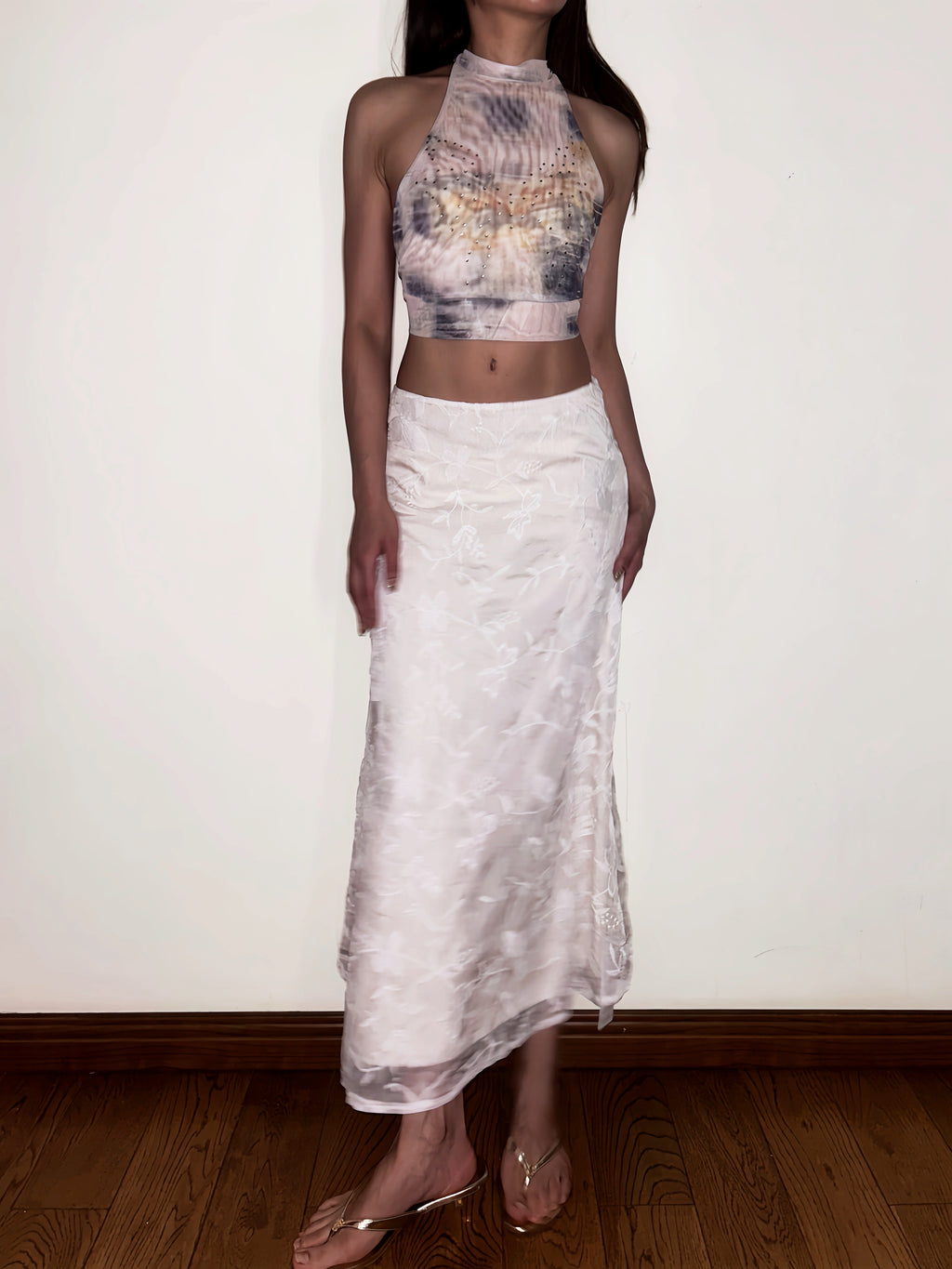 Pink Rhinestone Halter Top Butterfly Open Back Mesh Design