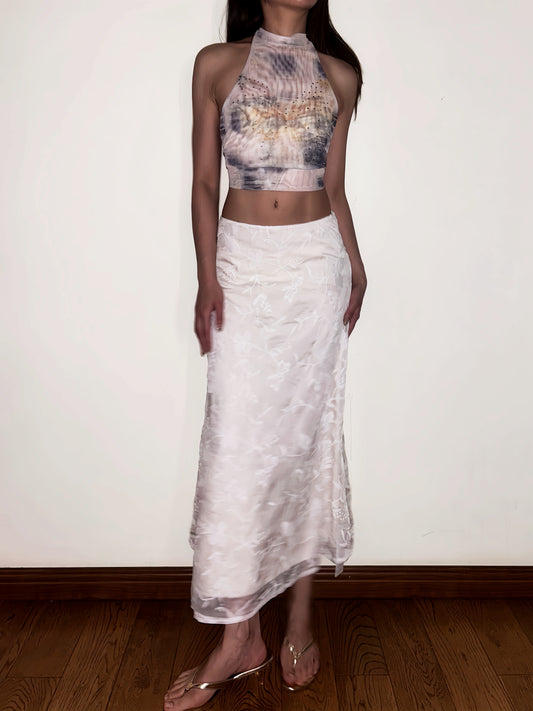 Pink Rhinestone Halter Top Butterfly Open Back Mesh Design