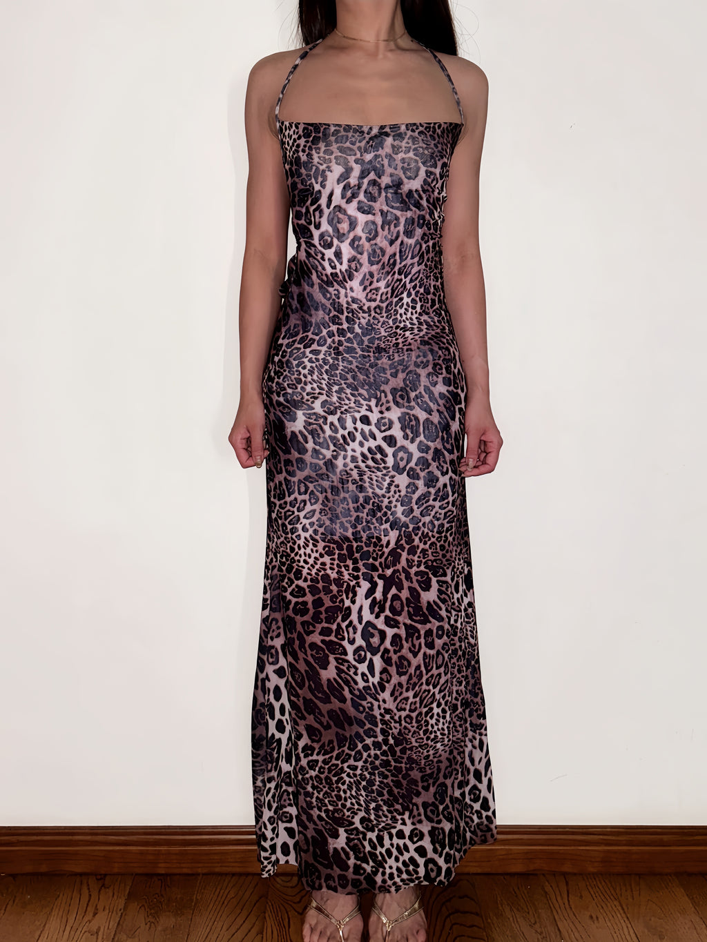 Leopard Mesh Dress Open Back Halter with Strappy Detail