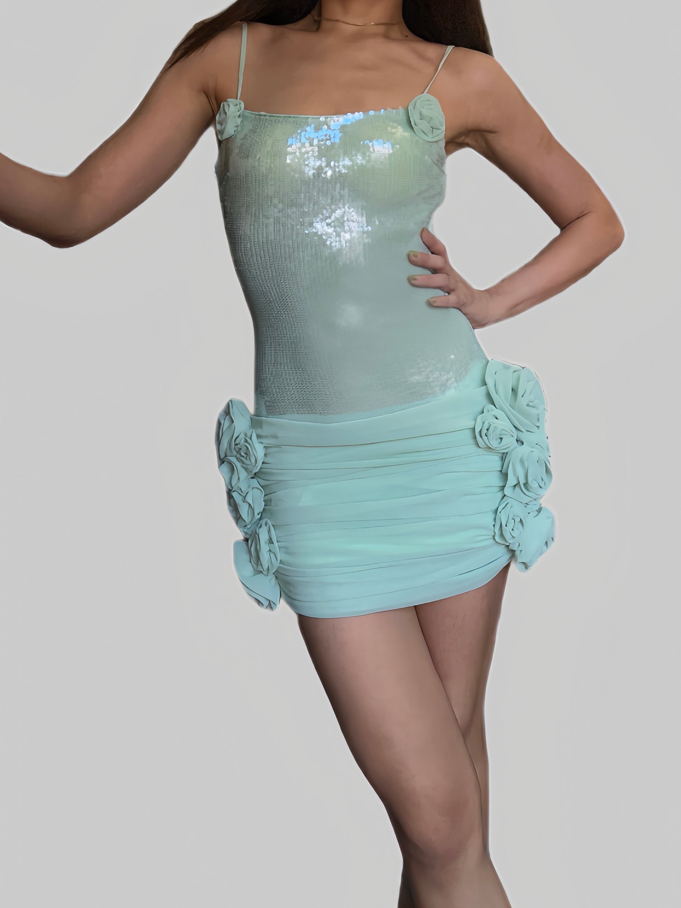 Turquoise Sequin Mini Dress 3D Floral